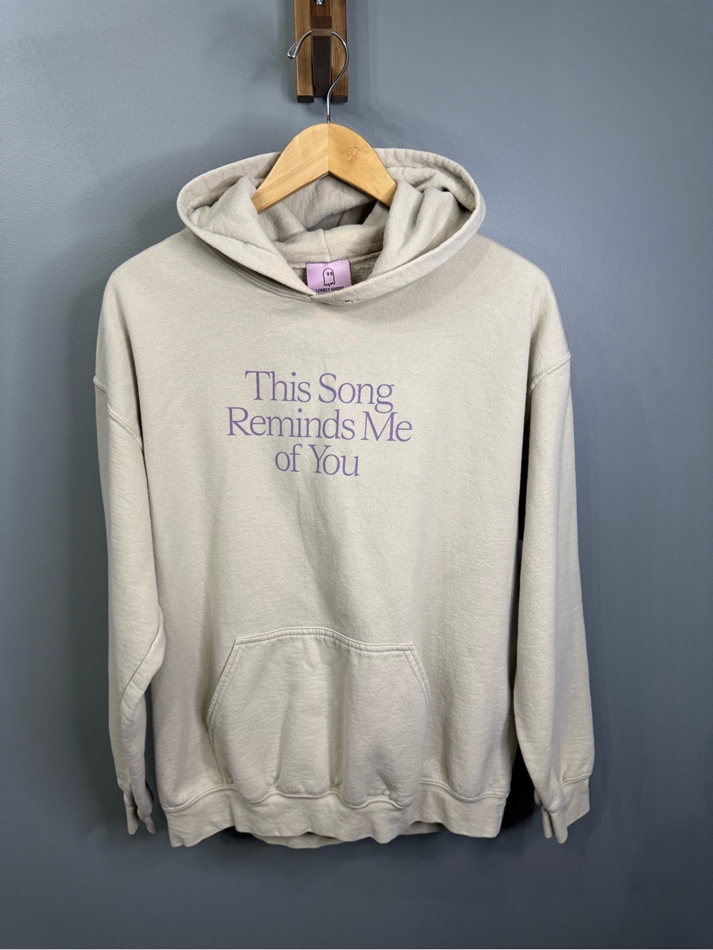 LONELY GHOST Cream Hoodie with Lilac Text